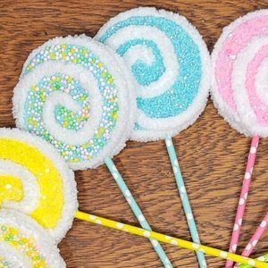 Decorative Yarn Lollipops w/‎ Glitter/Mini Styrofoam Balls in Pastels - Lt Blue